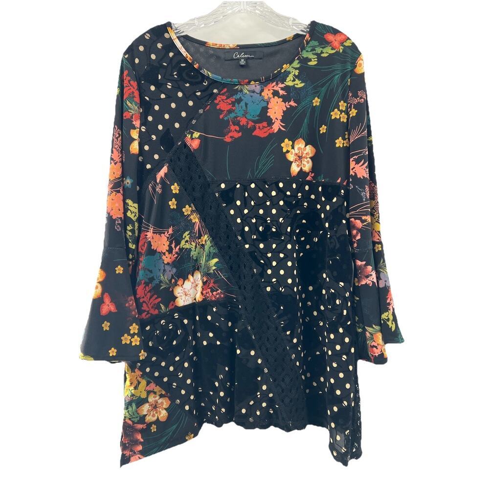Calessa Women’s 3/4 Bell Sleeve Floral Black Tunic Top Lined Size Medium